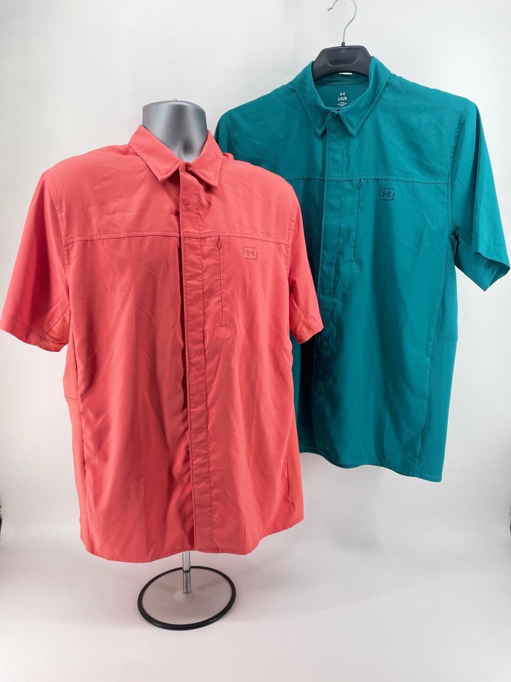 Under Armour Fish Pro Hybrid Shirts Men’s L Aqua Orange/Green Woven Snap Button